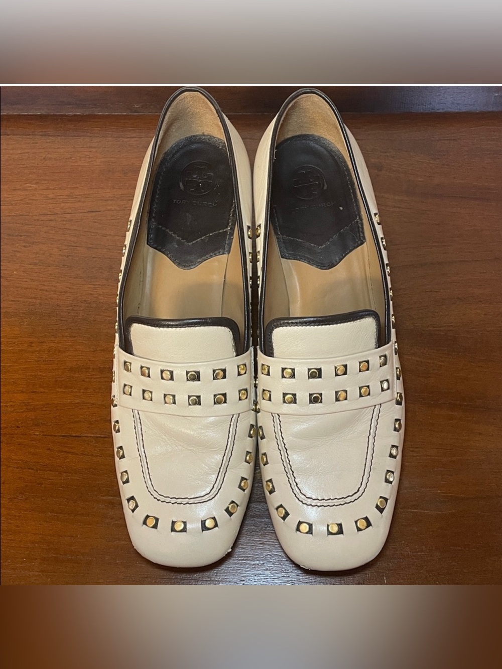 Tory Burch Cream Leather Studded Loafers with Gold Accents
